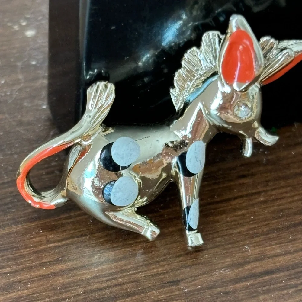 Silly donkey brooch pin/pink ears and tail/ gold tone/ pin closure works well